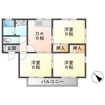 3DK全居室洋室で使い易い南向きバルコニー付きの明るい間取り