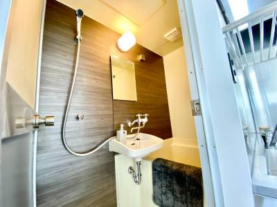 バスルームもリフォーム済み。シルバーのシャワーヘッド。