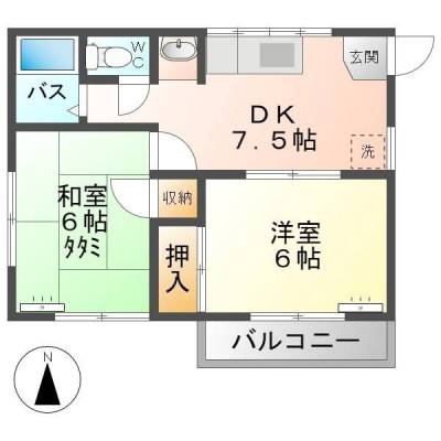 南向きの２DKのお部屋です。バルコニー側のお部屋は洋間です