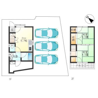 2階建て戸建て、隣接地が月極め駐車場３台あり。