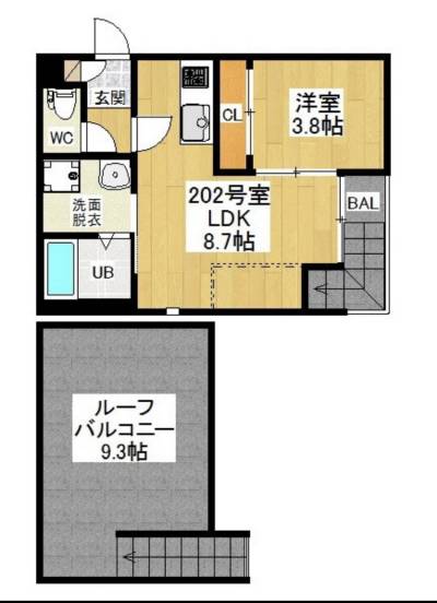 1LDKで南向き、屋上が入居者様専用のルーフバルコニー