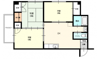 和室１、洋室２、DKの３DKです。
