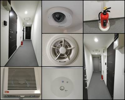 ホテルような廊下、防犯カメラ、消防器と24時間換気