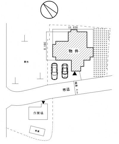 戸建て、別棟倉庫、ガレージの配置図です。