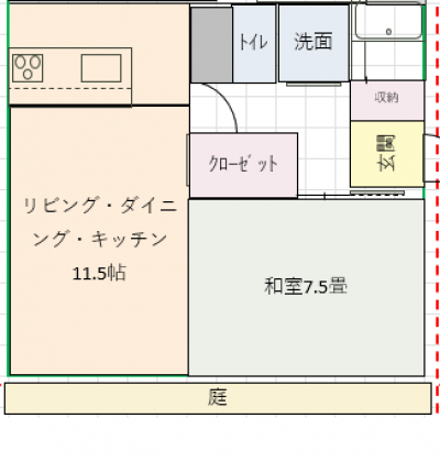 1LDK、角部屋、ミニ庭付き