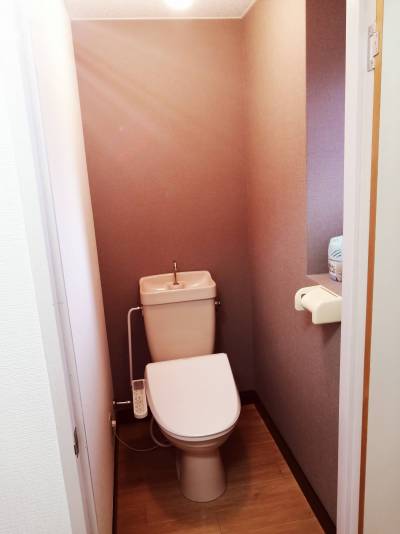 新品温水便座洗浄機。トイレの収納にも使い勝手の良い棚あり。
