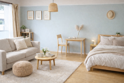 淡いブルーのアクセントクロスがお洒落♪V.H.S.