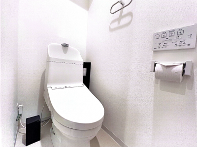 温水洗浄便座はお洒落なタオル掛と壁付リモコン付き♫