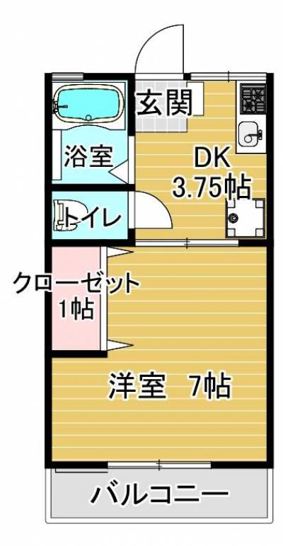 23.7㎡の１K物件　洋室7畳　バストイレ別