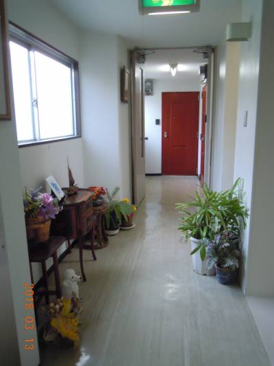 中庭に面した部屋の窓のフラワーボックス