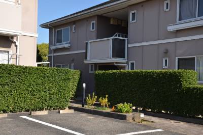 前が駐車場(縦列,2台)。垣根、花壇も定期的に管理
