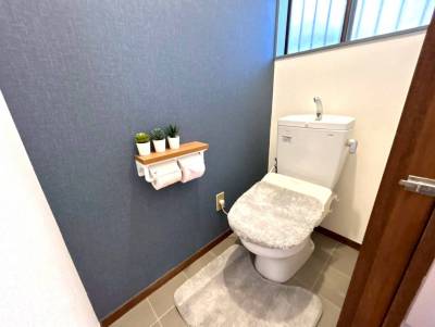 新品の温水便座にトイレットペーパーホルダ―。収納棚もあり。