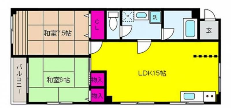 広々２LDK。バルコニーは南西向きです。