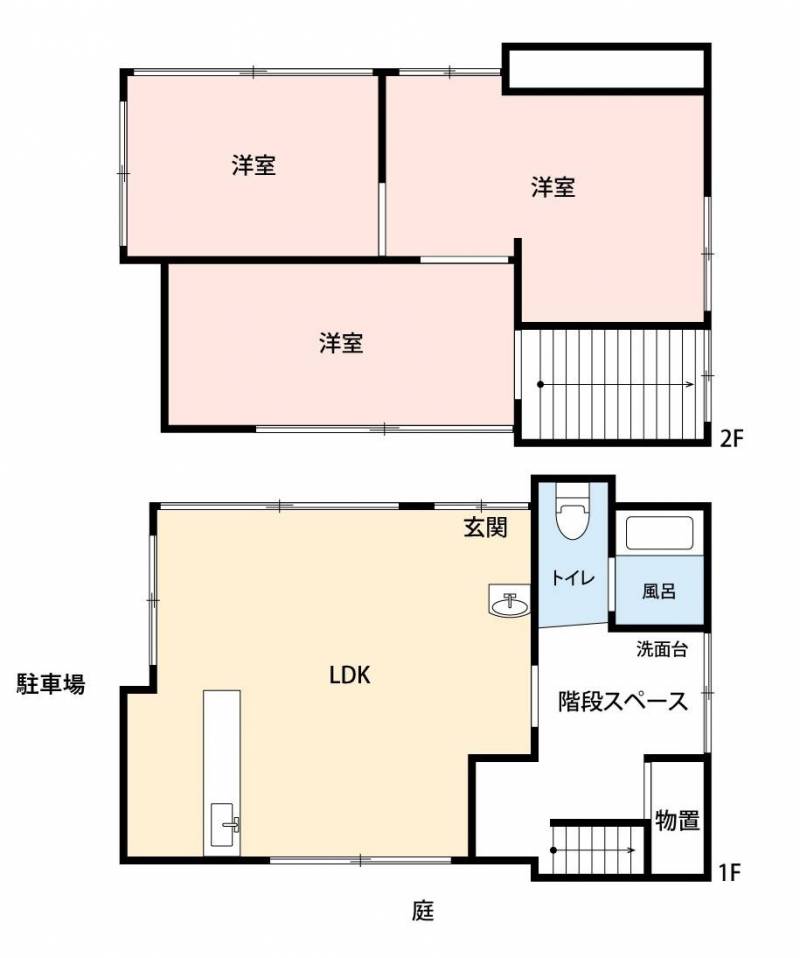 お店のような1階のLDKと2階に洋室3室の暮らしやすい間取り