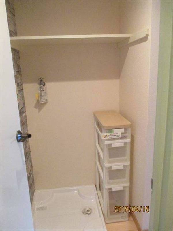 洗濯機置き場です。棚と収納が付いています。
