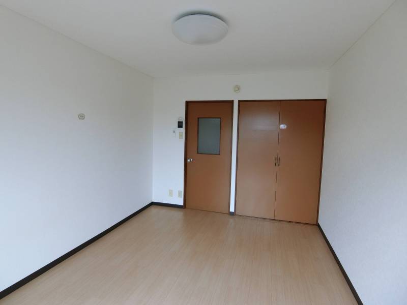 白い壁と木目のドアが落ち着いた雰囲気を演出しています。