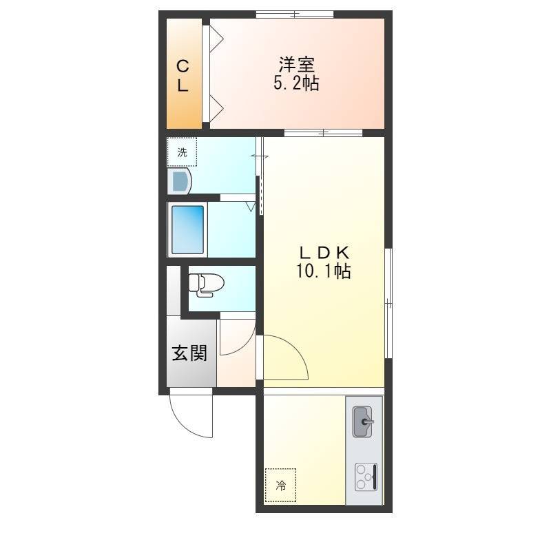 リビング10.1帖、洋室5.2帖の広めのお部屋です。