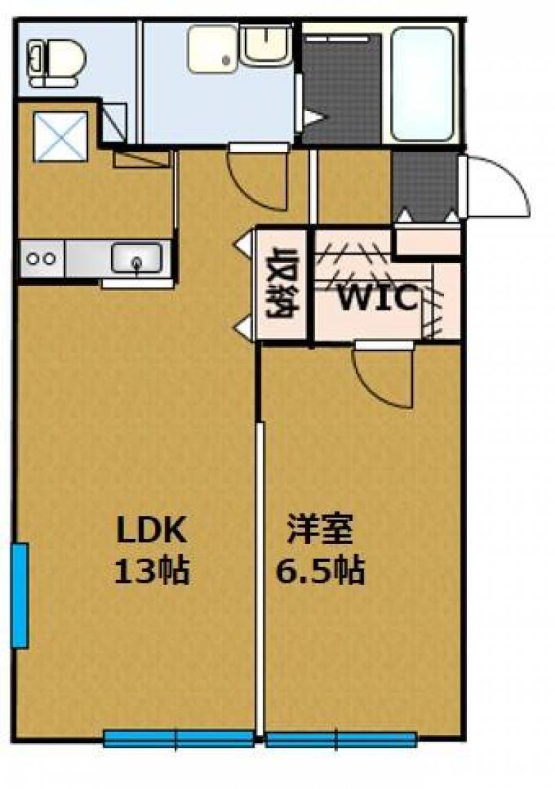 1LDK  カウンターキッチン、ウォークインクローゼット