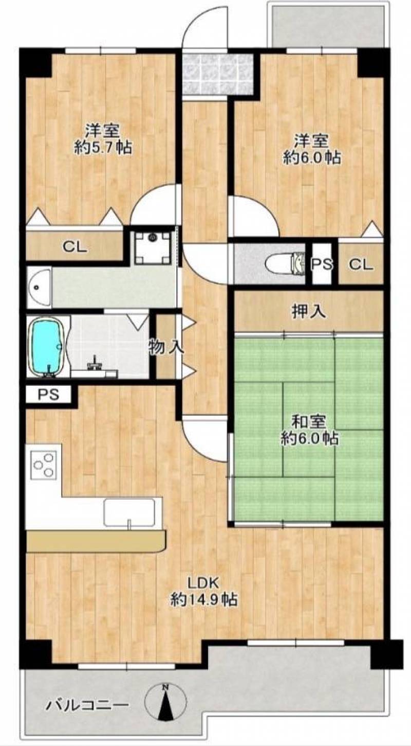 南向きのリビングと和室がバルコニーに面した明るい3LDK。