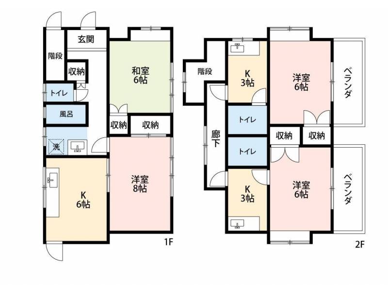 1へ階2DK 、2階1K&times;2部屋　約100㎡の大型戸建