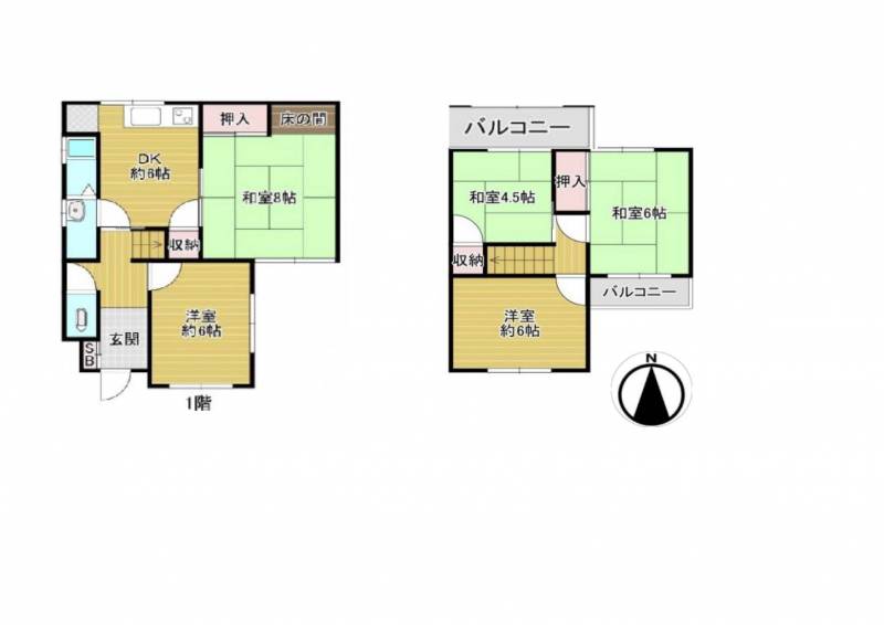 5DK戸建て　
１階：６帖ｘ３
２階：６帖ｘ２、4.5帖