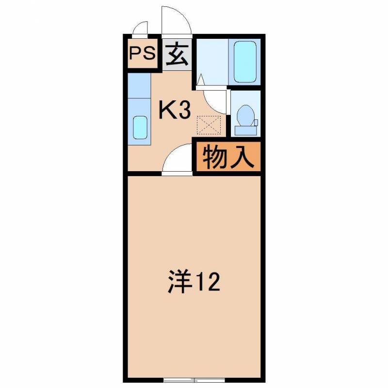 洋室12帖の1K。バス・トイレ別です