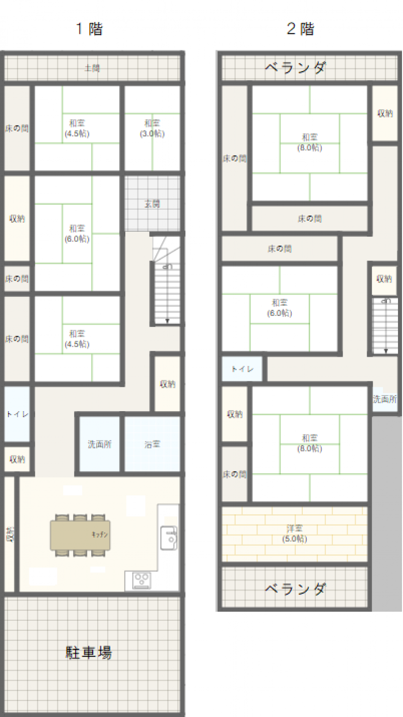 畳の部屋が一階と二階に一部屋ずつあります。