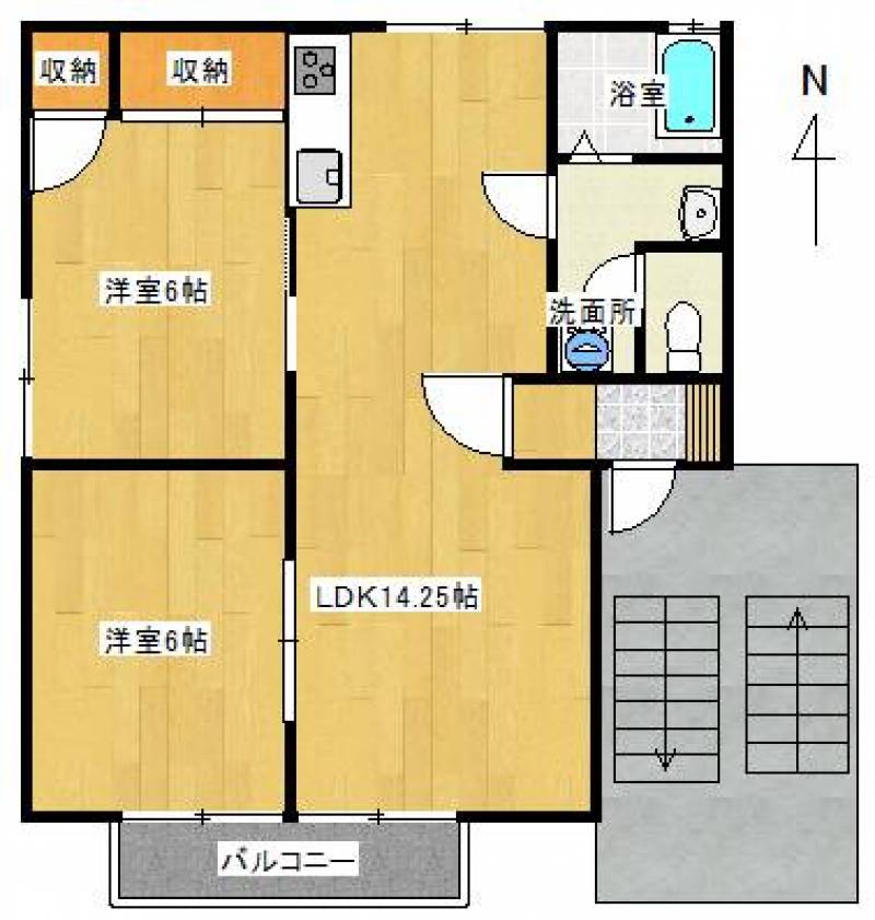 ２LDK　各部屋の床面はフローリング　入居者様専用階段付
