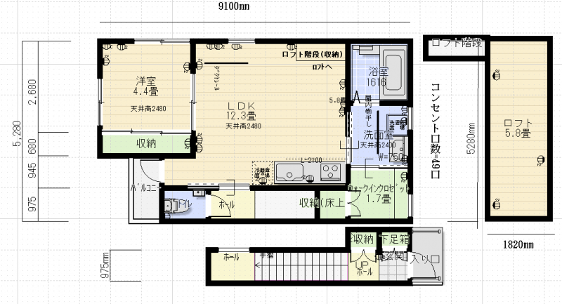 寸法付間取り図　コンセント数約50口