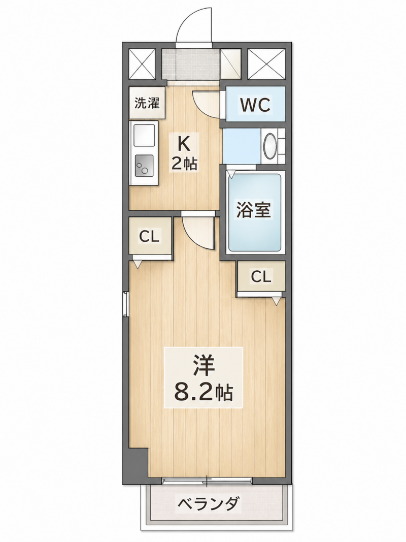 独立洗面台付。キッチンに冷蔵庫設置スペースがございます。