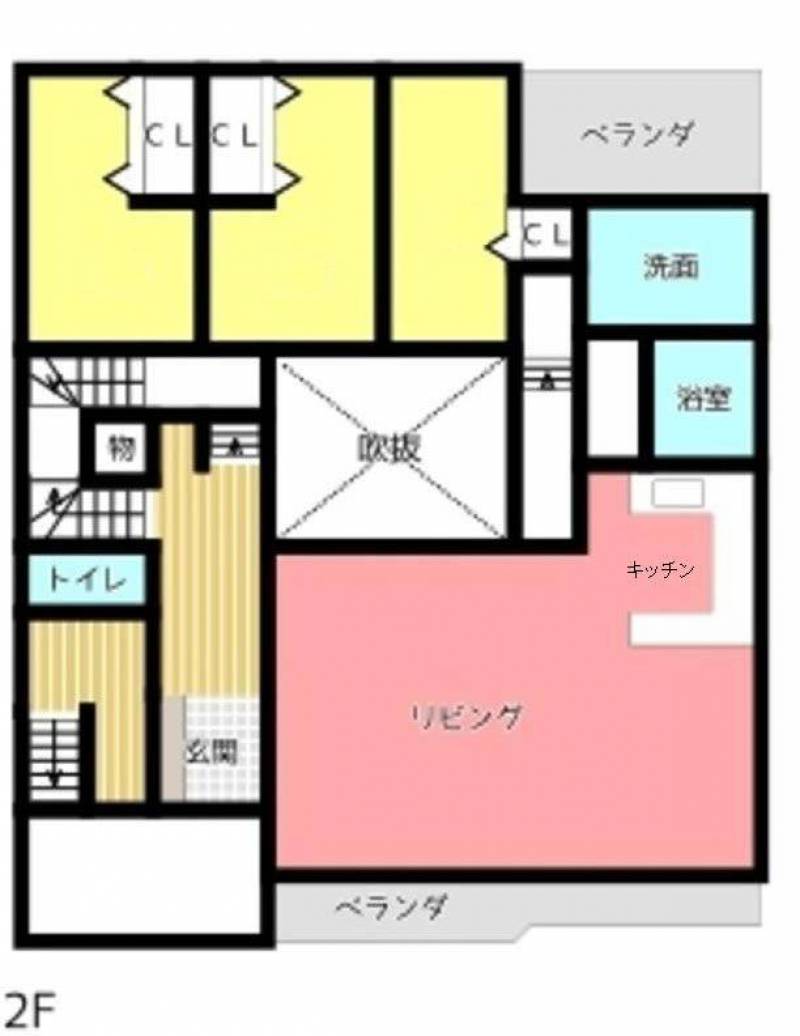 2階の個室とリビング・キッチン等の図面です。