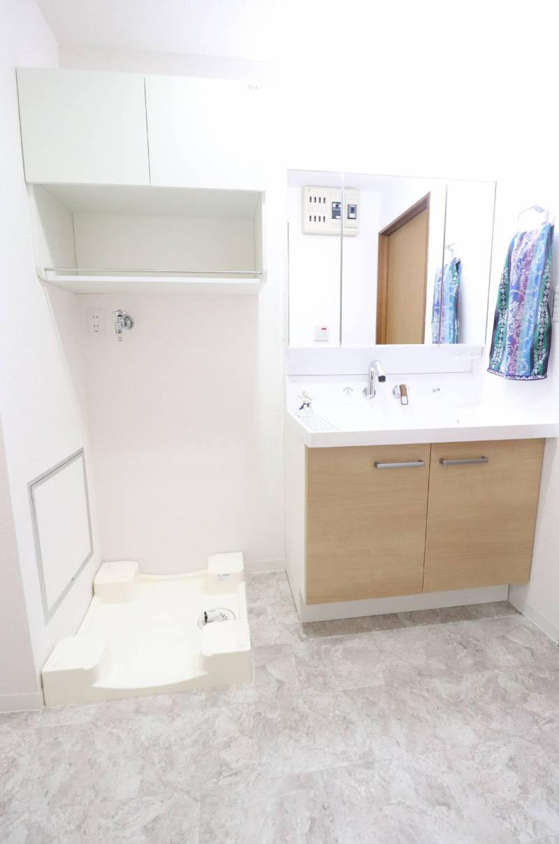 900幅の洗面台、洗濯機上収納、ドラム式洗濯機設置可能