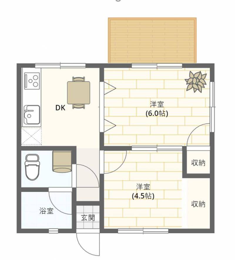 ２DKのお部屋です。広いバルコニーがついてます