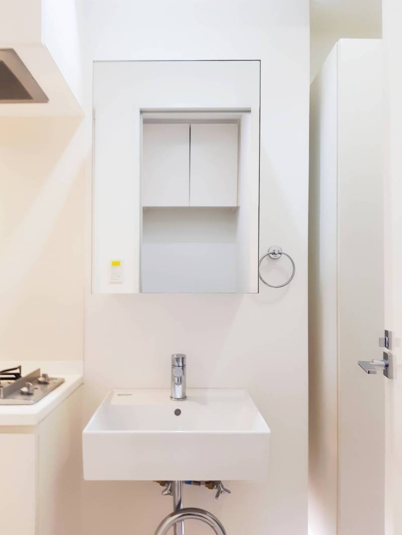 洗面台には収納スペースと大きめの鏡を配置