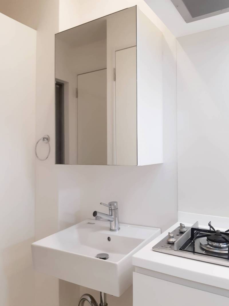 洗面台には収納スペースと大きめの鏡を配置