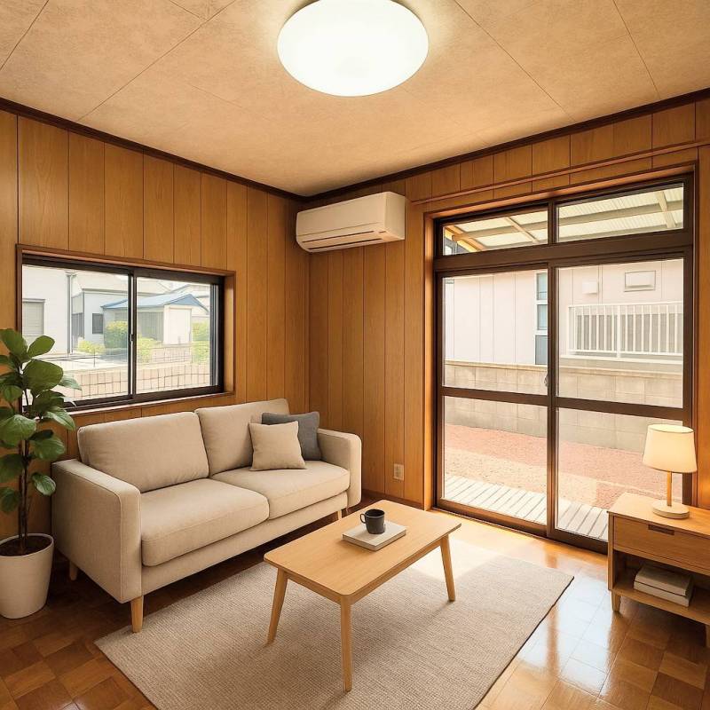 冷房専用エアコンが付いています。家具はAIイメージです。