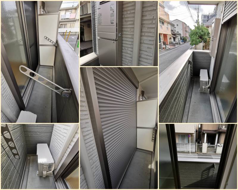 バルコニー、給湯器、防犯シャッター、物干し金物とペアガラス