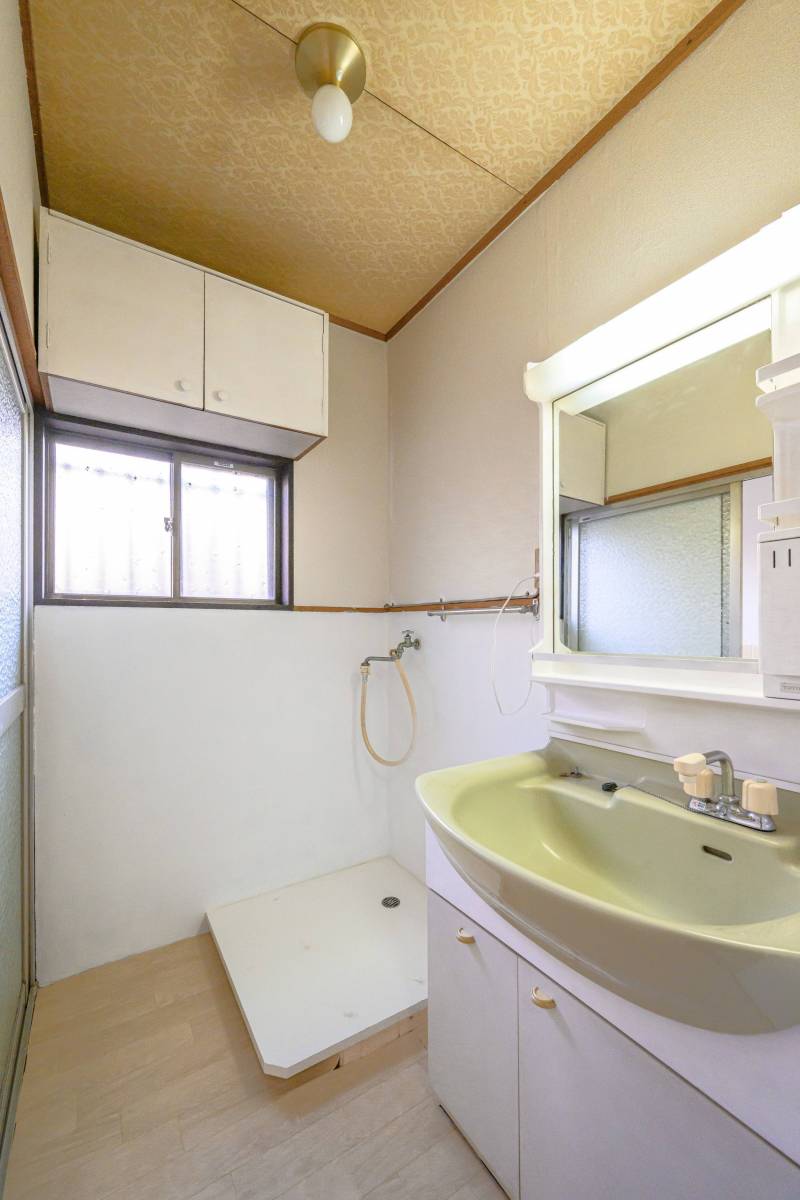 洗面台は一般的なボウルより大きい。奥は室内洗濯機置き場。