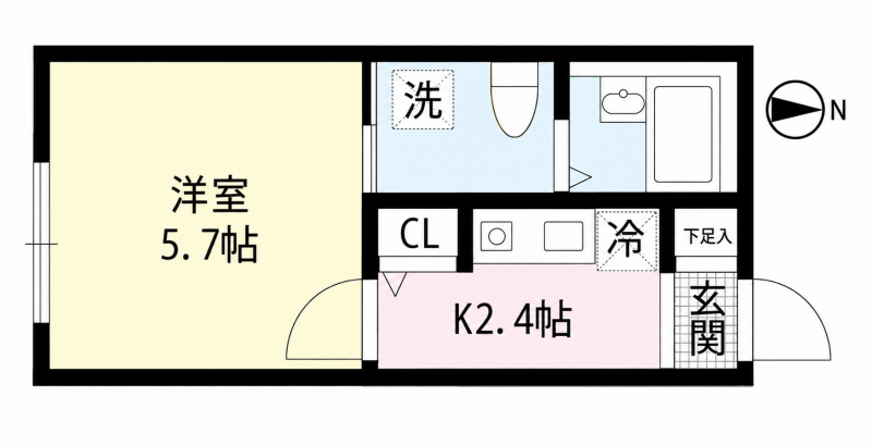洋室5.7帖・K2.4帖の1K