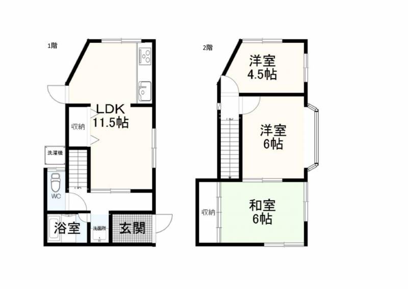 1階にLDK、2階に3部屋ある3LDKです。