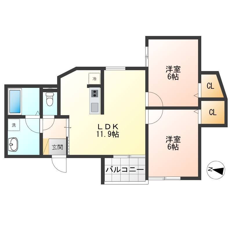6帖の洋室が2つある広々とした2LDK