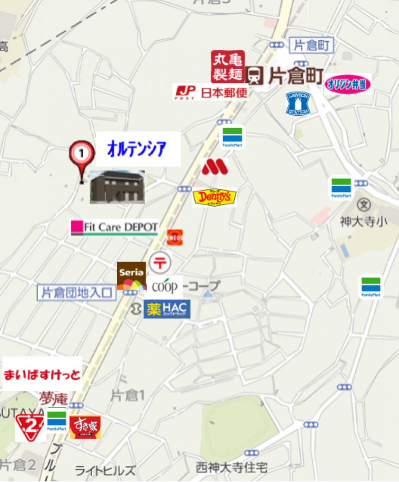 アパートから5分以内の近隣にコンビニ、スーパー、飲食店充実！