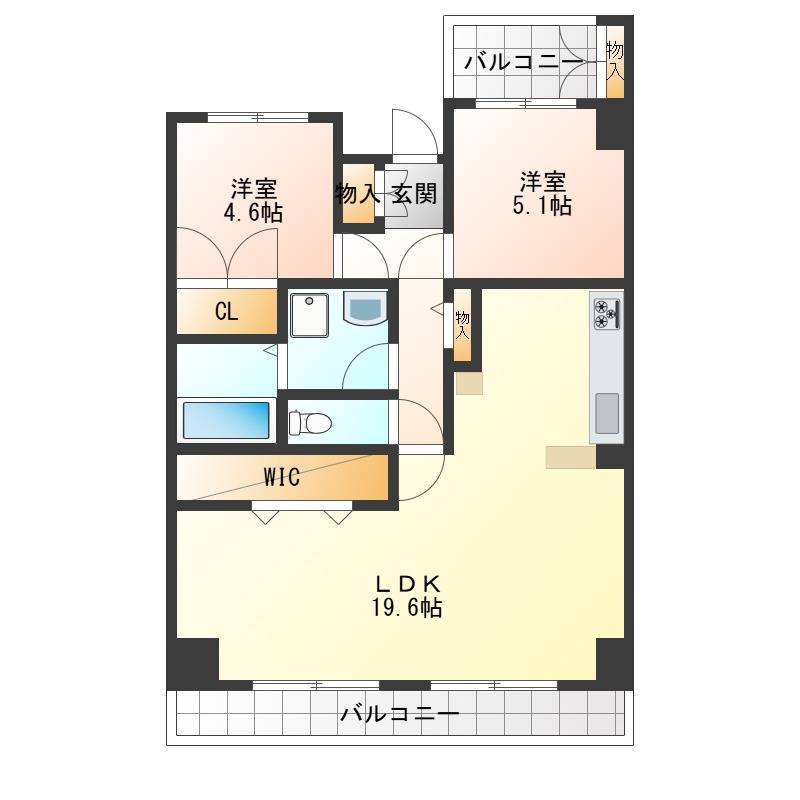 LDK19.6畳。南面11F陽当たり良好。バルコニー物置有