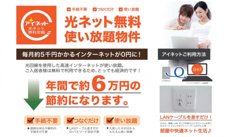 光インターネットで高速通信ですね！しかも無料で嬉しいですね！