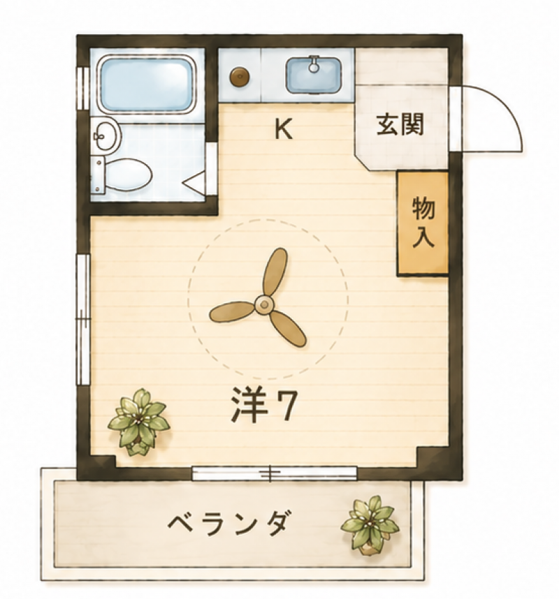 直線的な壁が多くベッドや家具が配置しやすい、ワンルームです。