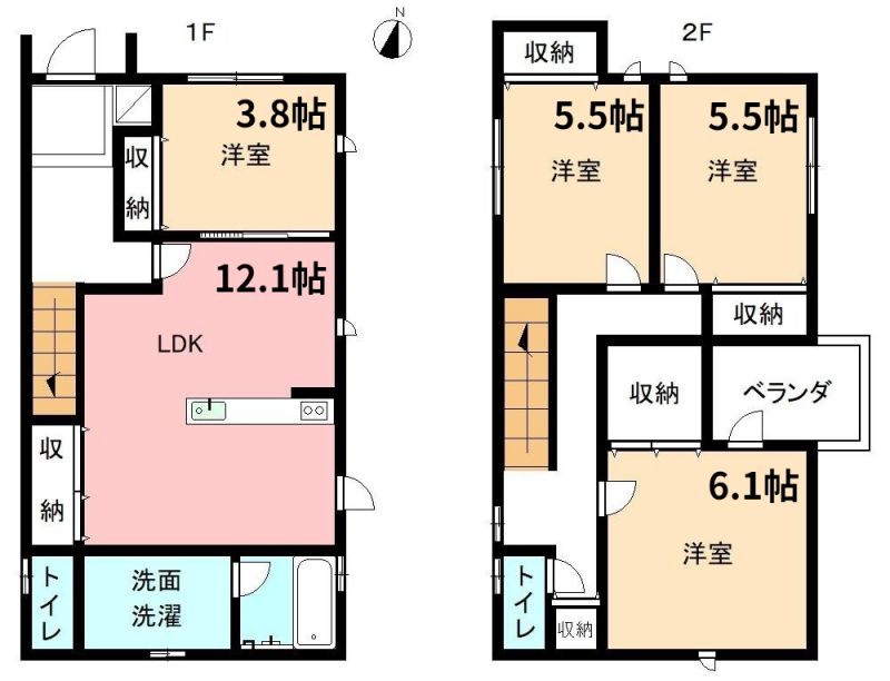 90.56平米4LDKの戸建、全室洋室で全室クローゼット有