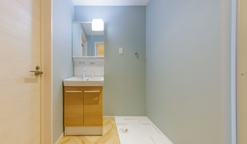 洗面。シャンプードレッサーと洗濯機置場。