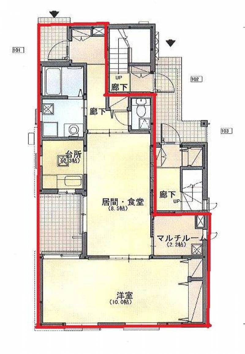 赤枠内が101号室の専有部分です