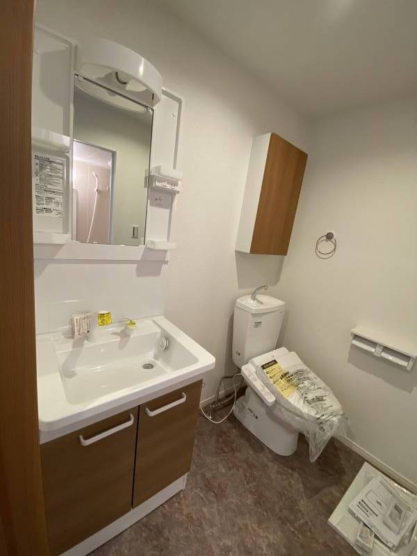 独立洗面台の水栓はシャワーノズルタイプ、温水洗浄トイレ