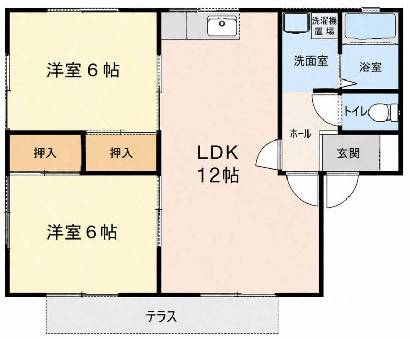 2LDK全居室洋室で使い易い。南向きバルコニー付きで明るい